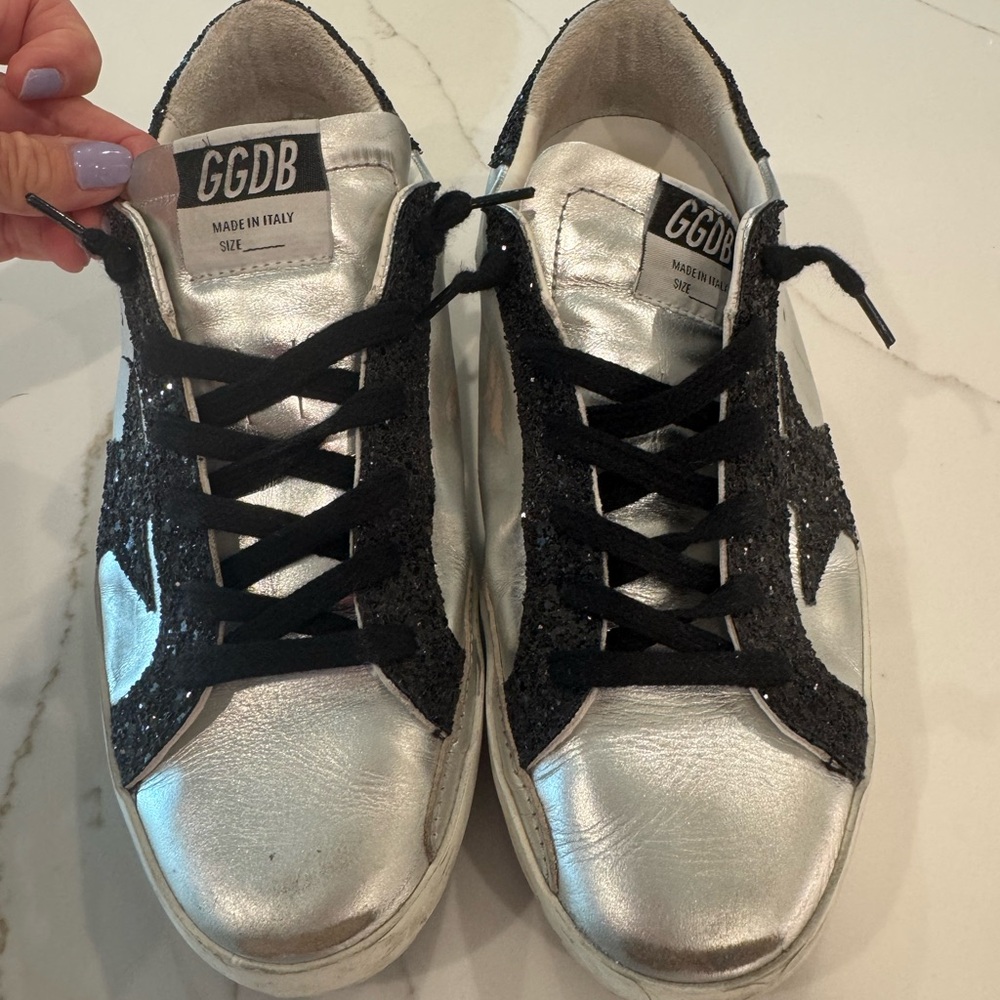 Golden Goose Silver and Black Superstar Sneakers